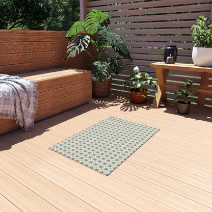 Sage cement tile outdoor rug — soft polyester chenille with a non-slip backing