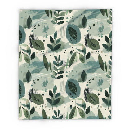 Sage painted leaf outdoor fleece blanket — 315 gsm polyester fleece, soft on both sides