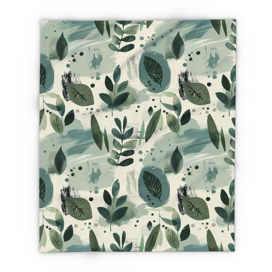 Sage painted leaf outdoor fleece blanket — 315 gsm polyester fleece, soft on both sides