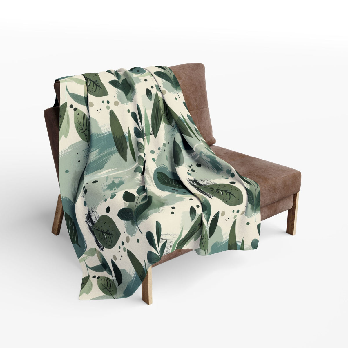 Sage painted leaf outdoor fleece blanket — 315 gsm polyester fleece, soft on both sides