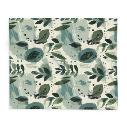 Sage painted leaf outdoor fleece blanket — 315 gsm polyester fleece, soft on both sides