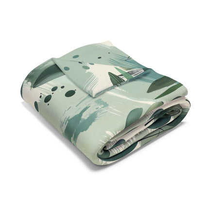 Sage painted leaf outdoor fleece blanket — 315 gsm polyester fleece, soft on both sides
