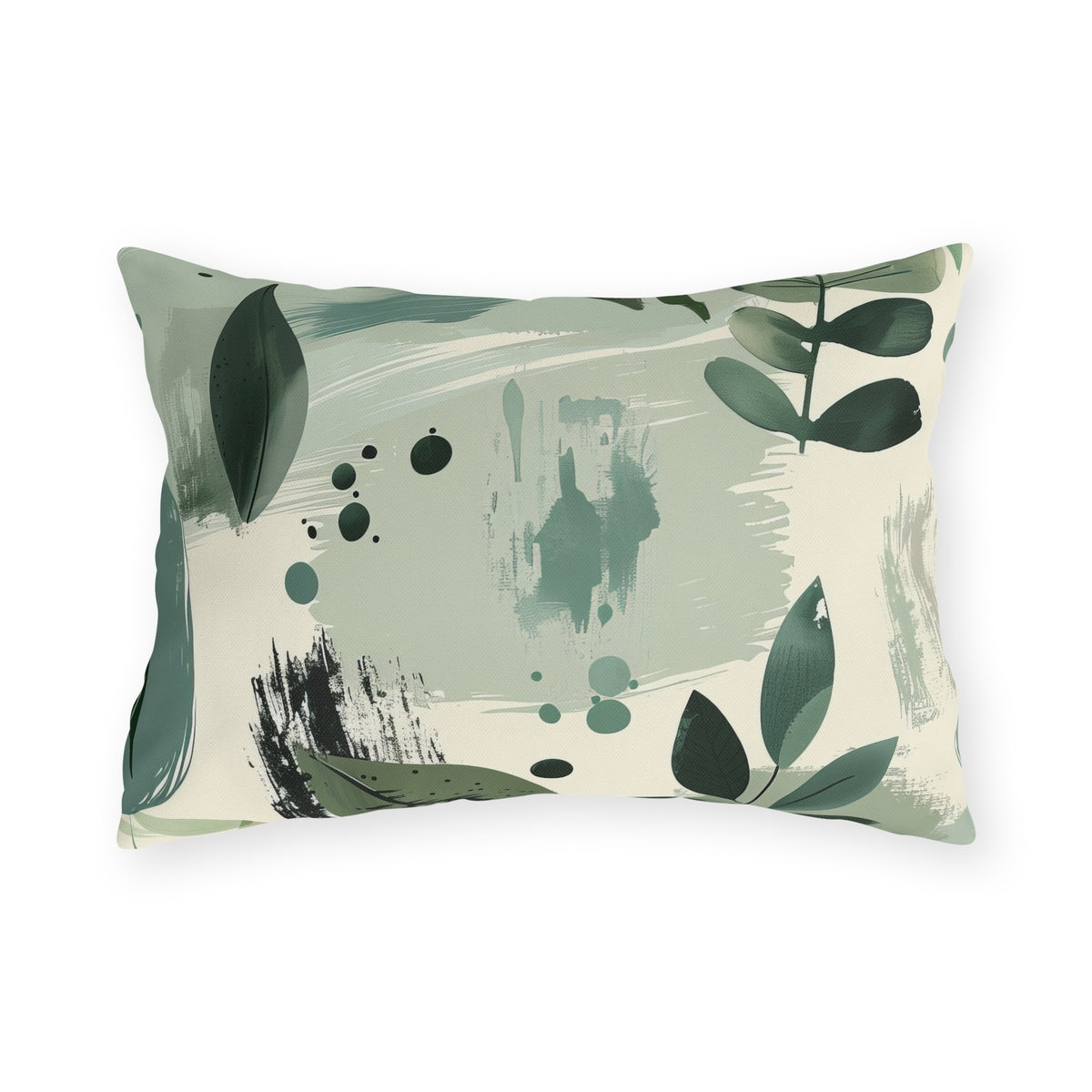 Sage painted leaf lumbar outdoor pillow — spun polyester, UV and water resistant