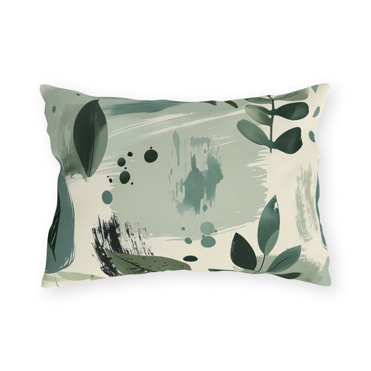 Sage painted leaf lumbar outdoor pillow — spun polyester, UV and water resistant