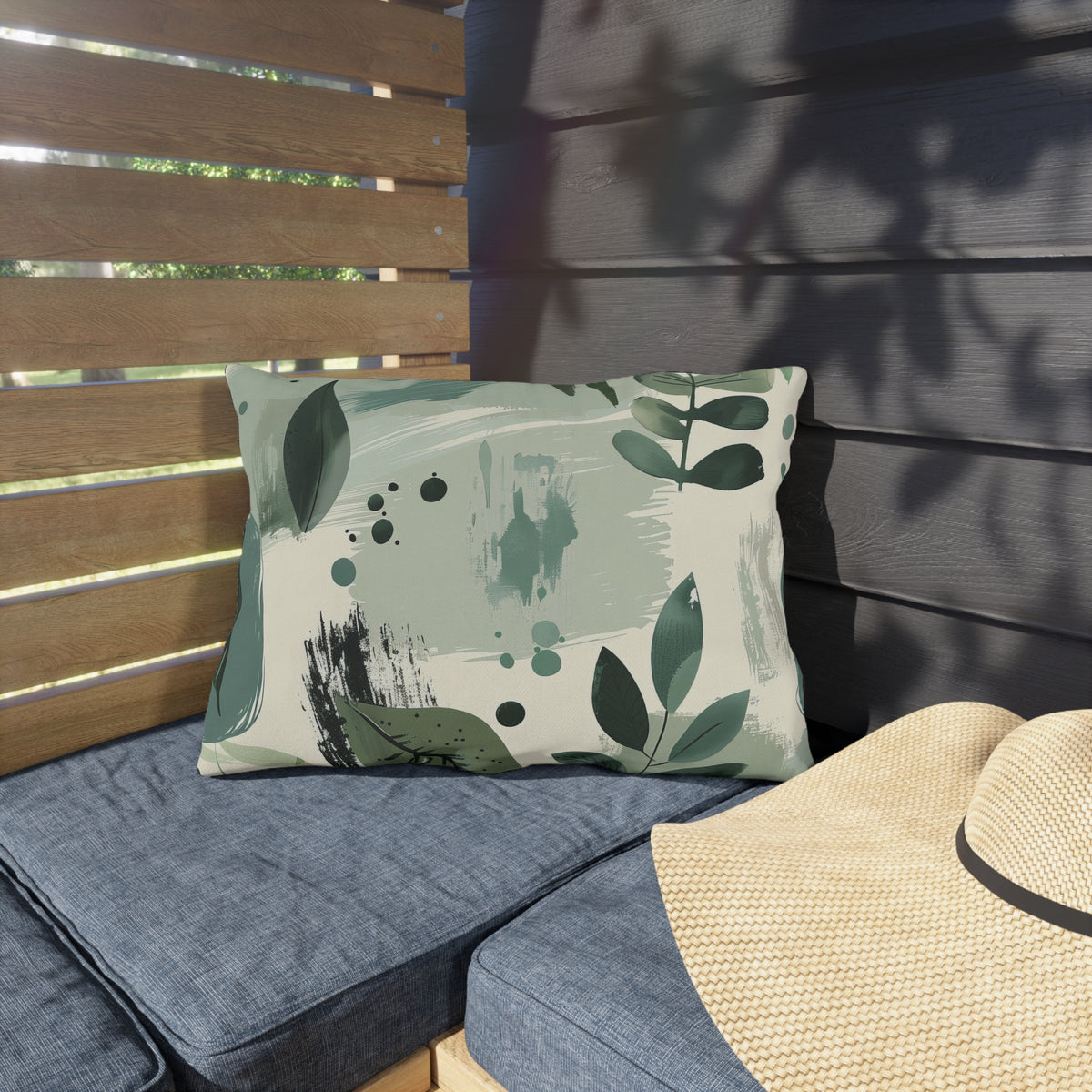 Sage painted leaf lumbar outdoor pillow — spun polyester, UV and water resistant