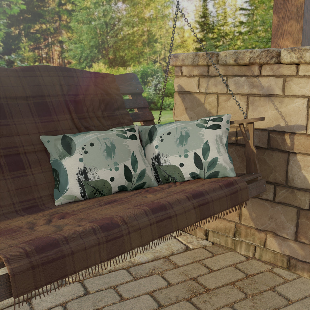 Sage painted leaf lumbar outdoor pillow — spun polyester, UV and water resistant