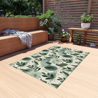 Sage painted leaf outdoor rug — soft polyester chenille with a non-slip backing
