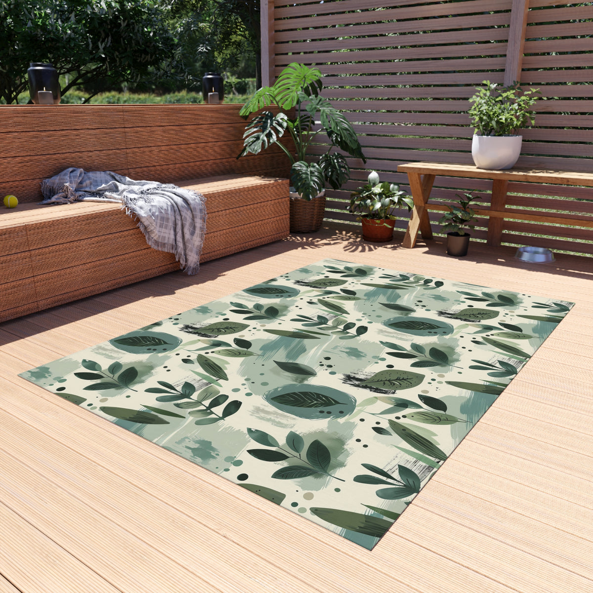Sage painted leaf outdoor rug — soft polyester chenille with a non-slip backing