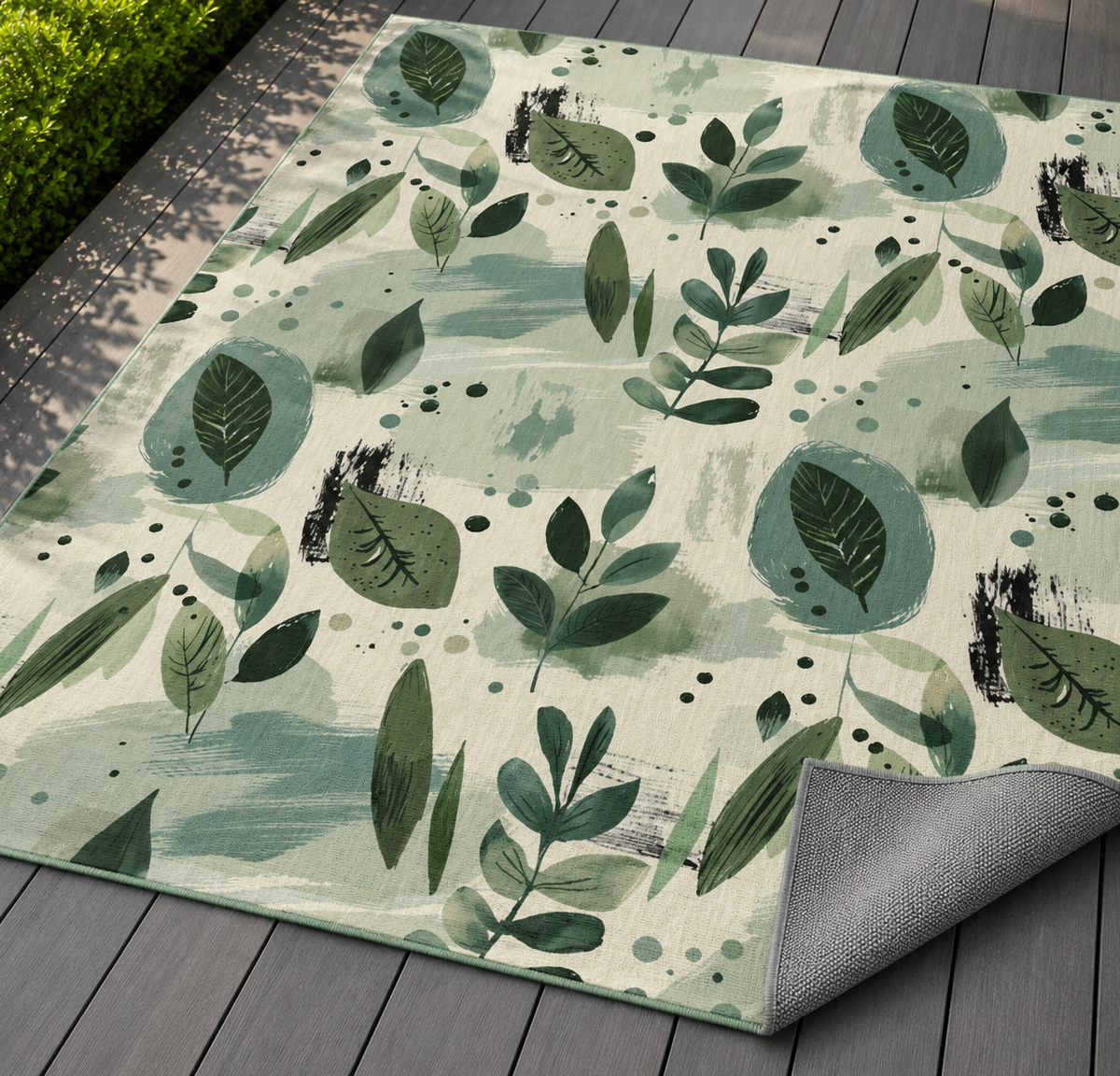 Sage painted leaf outdoor rug with the corner folded back — matte grey non-slip backing