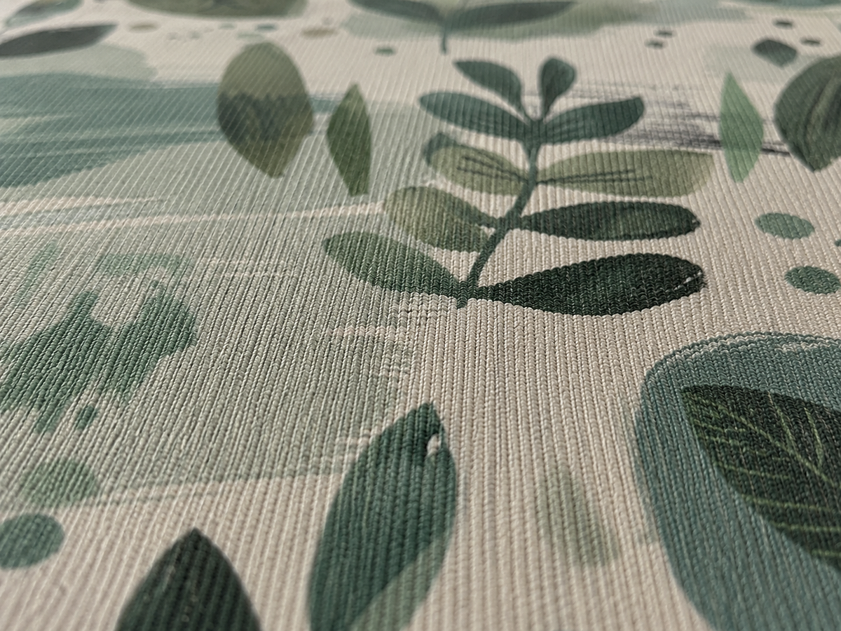 Close-up of the sage painted leaf outdoor rug — short, dense low-pile chenille nap