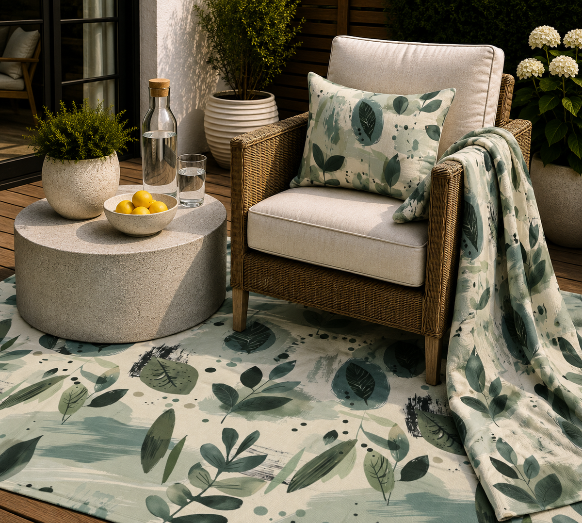 Sage painted leaf outdoor set — matching rug, pillow and fleece blanket
