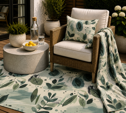 Sage painted leaf outdoor set — matching rug, pillow and fleece blanket