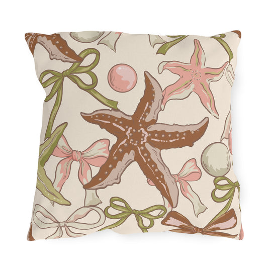 Sage starfish and bow outdoor pillow — spun polyester, UV and water resistant