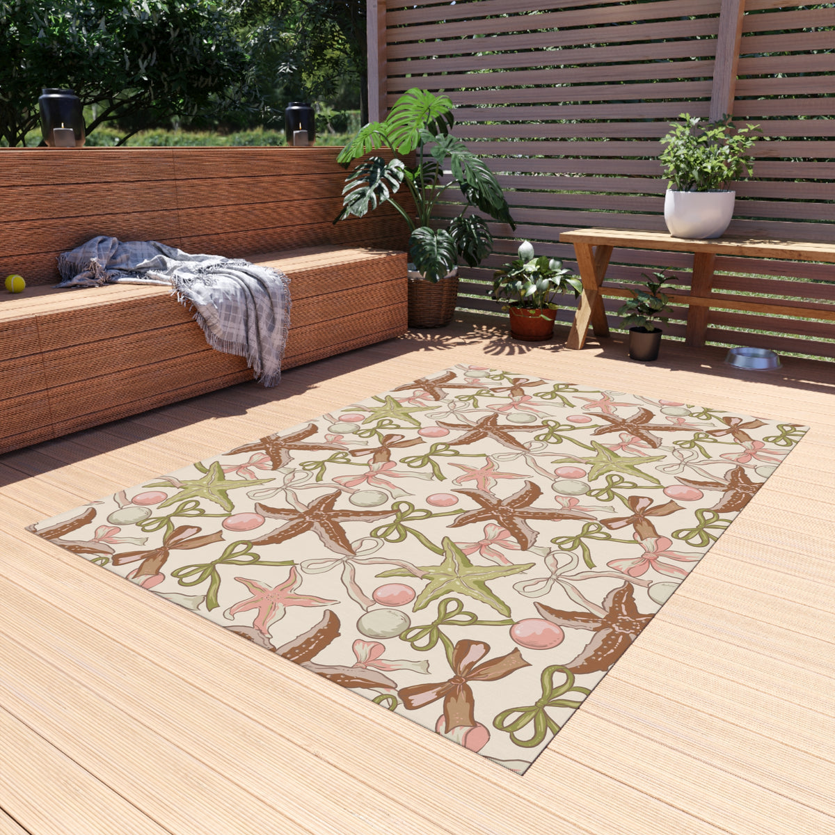 Sage starfish and bow outdoor rug — soft polyester chenille with a non-slip backing