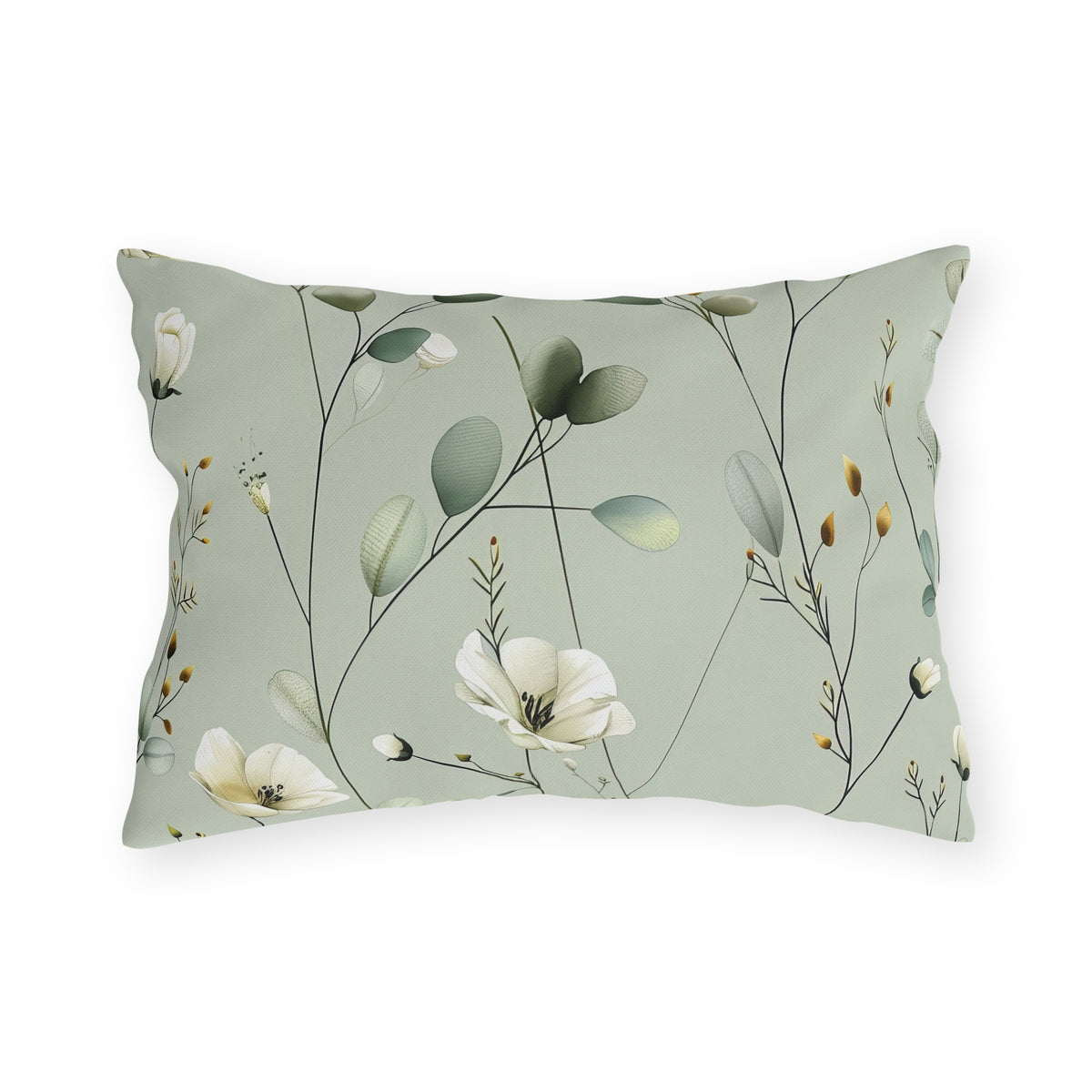 Sage wildflower lumbar outdoor pillow — spun polyester, UV and water resistant