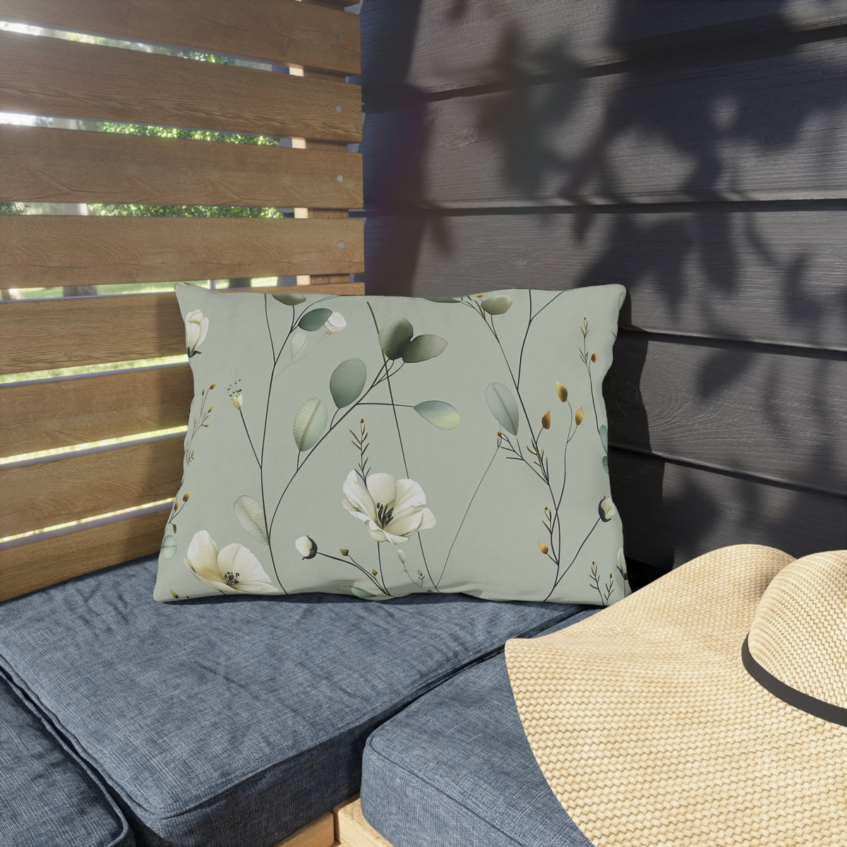 Sage wildflower lumbar outdoor pillow — spun polyester, UV and water resistant