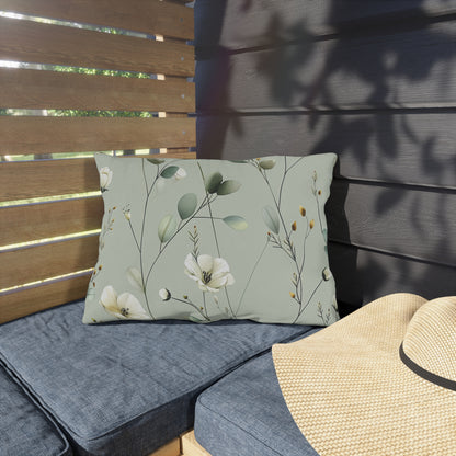 Sage wildflower lumbar outdoor pillow — spun polyester, UV and water resistant