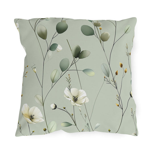 Sage wildflower outdoor pillow — spun polyester, UV and water resistant