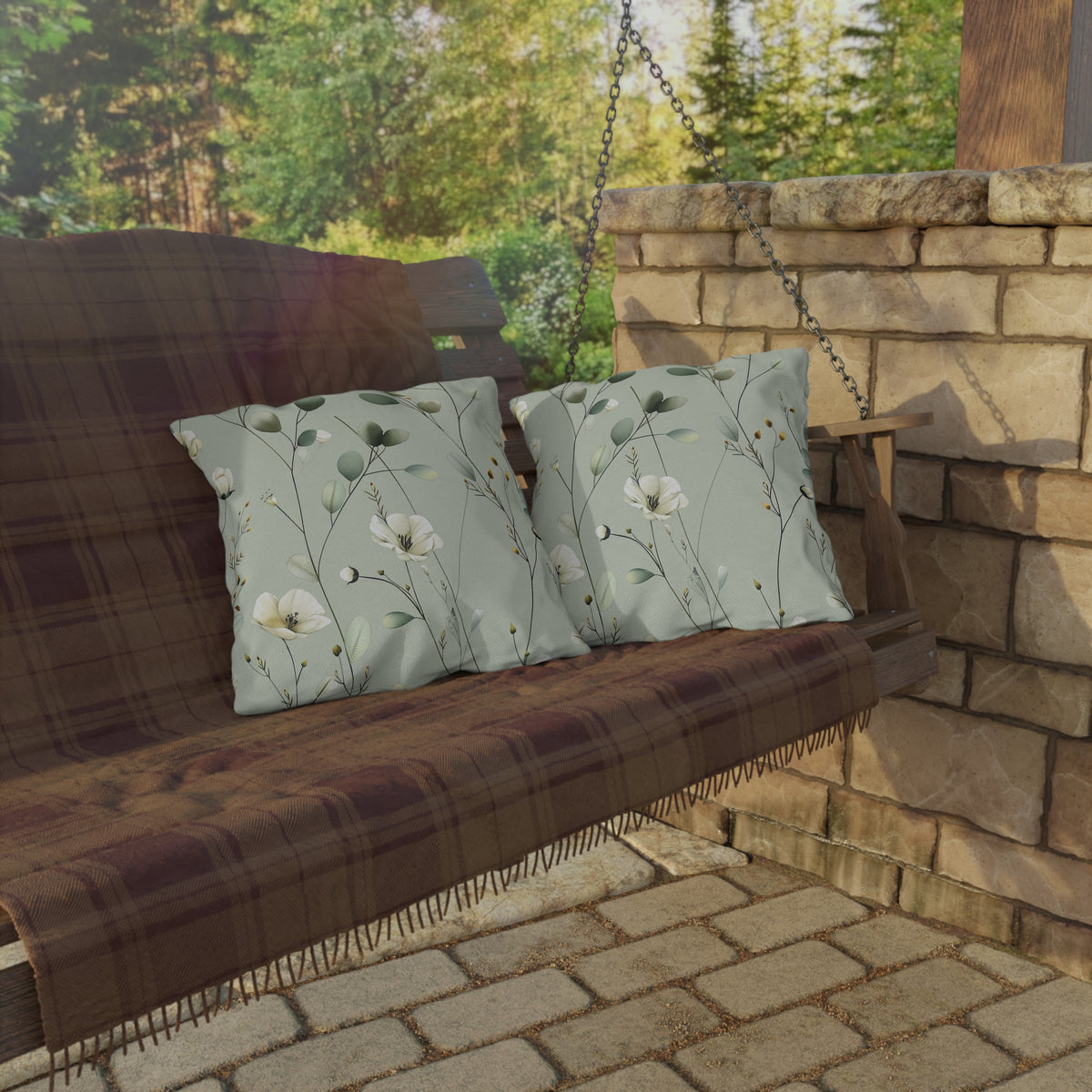 Sage wildflower outdoor pillow — spun polyester, UV and water resistant