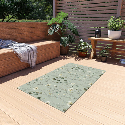 Sage wildflower outdoor rug — soft polyester chenille with a non-slip backing