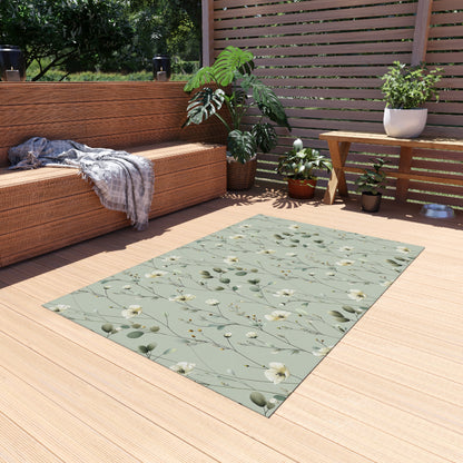 Sage wildflower outdoor rug — soft polyester chenille with a non-slip backing