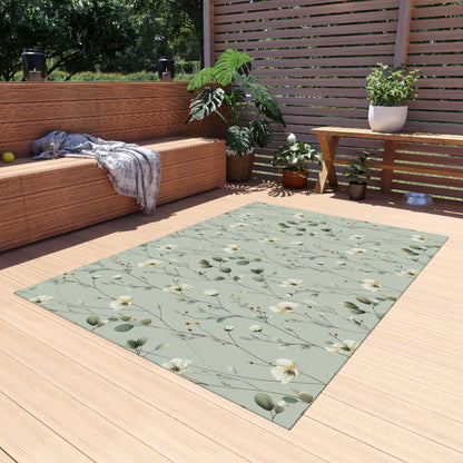 Sage wildflower outdoor rug — soft polyester chenille with a non-slip backing