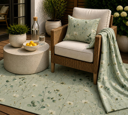 Sage wildflower outdoor set — matching rug, pillow and fleece blanket