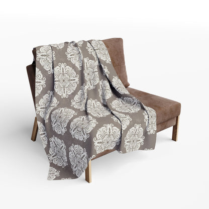 Taupe damask outdoor fleece blanket — 315 gsm polyester fleece, soft on both sides