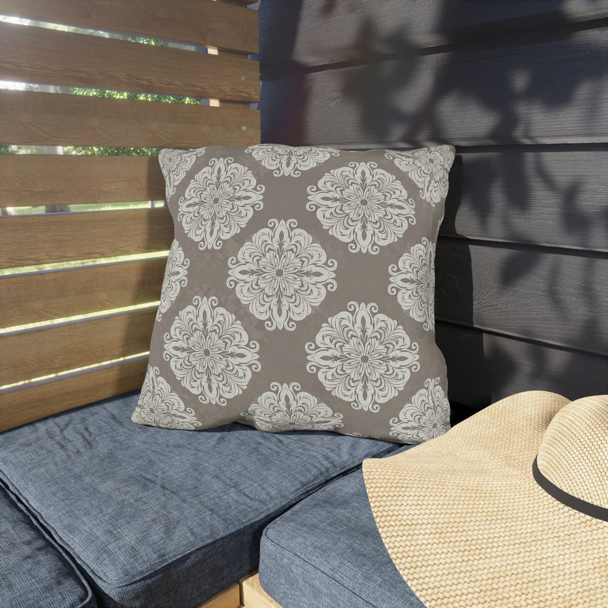 Taupe damask outdoor pillow — spun polyester, UV and water resistant