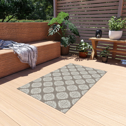 Taupe damask outdoor rug — soft polyester chenille with a non-slip backing