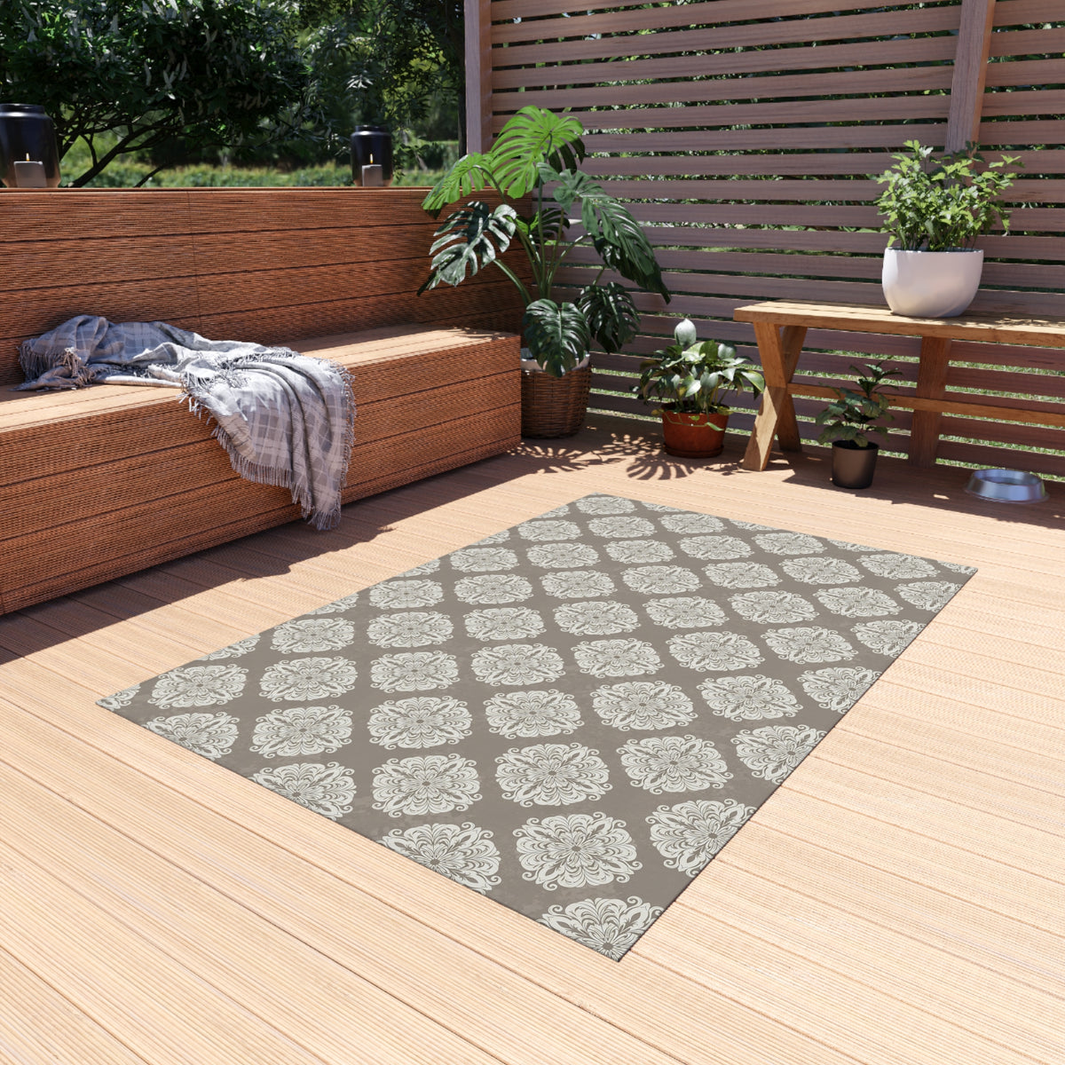 Taupe damask outdoor rug — soft polyester chenille with a non-slip backing