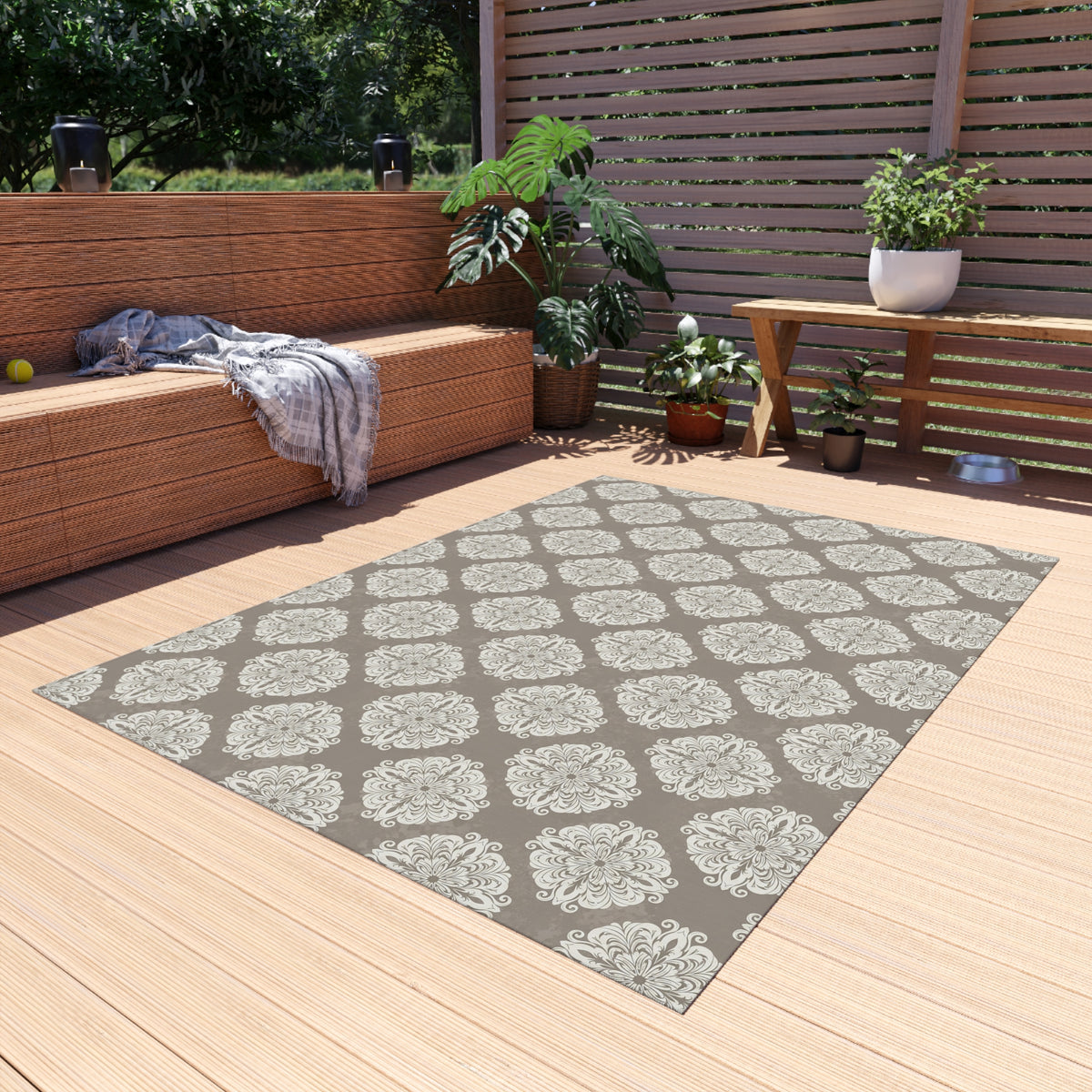 Taupe damask outdoor rug — soft polyester chenille with a non-slip backing