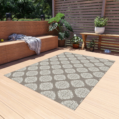 Taupe damask outdoor rug — soft polyester chenille with a non-slip backing