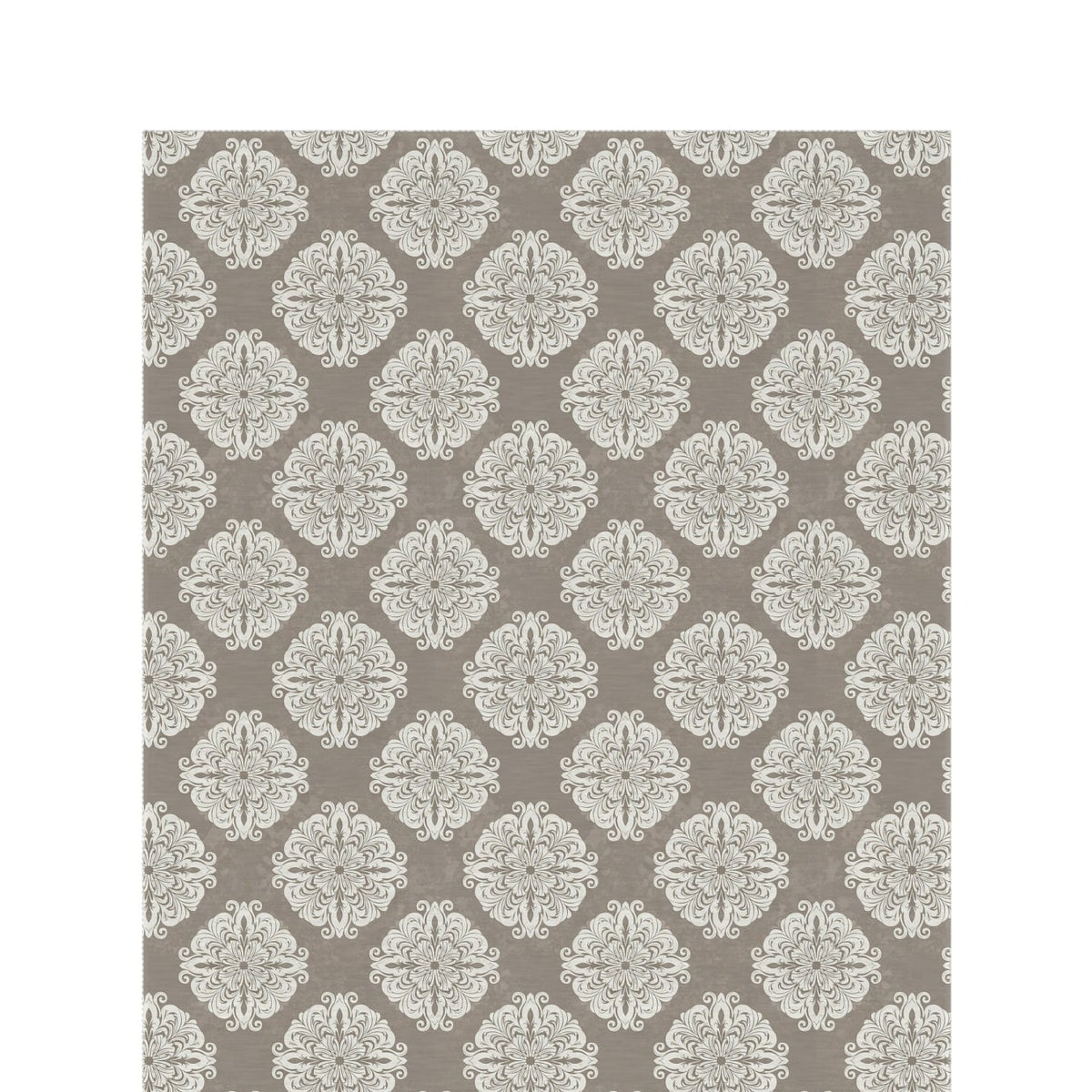 Taupe damask outdoor rug — soft polyester chenille with a non-slip backing