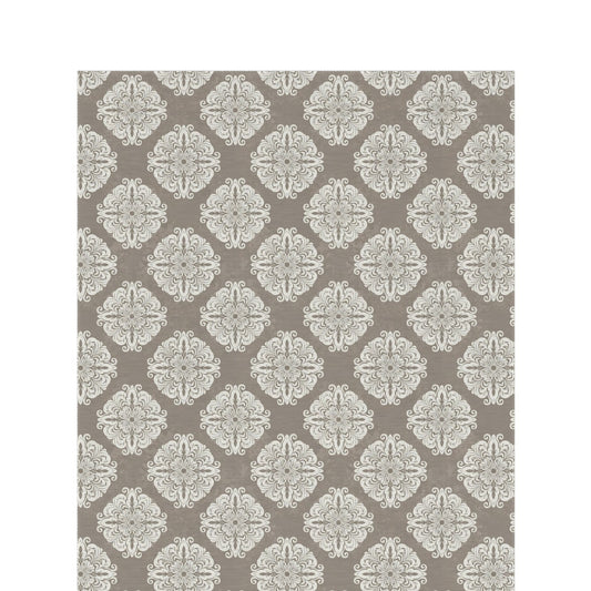 Taupe damask outdoor rug — soft polyester chenille with a non-slip backing