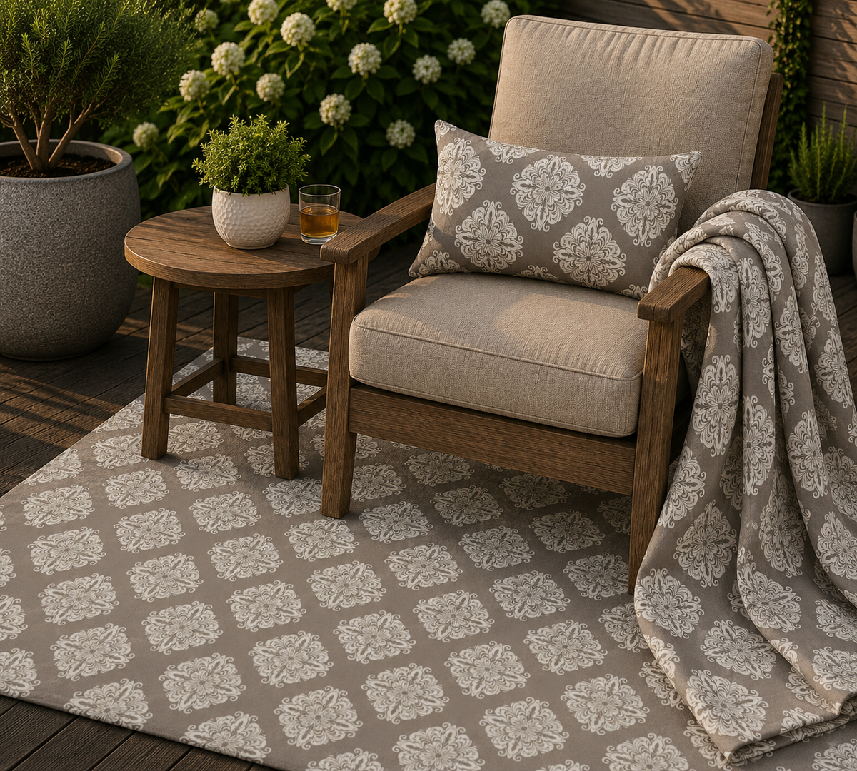 Taupe damask outdoor set — matching rug, pillow and fleece blanket