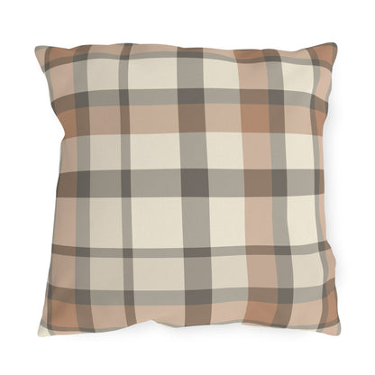 Taupe plaid outdoor pillow — spun polyester, UV and water resistant