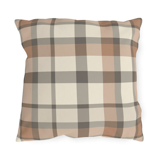 Taupe plaid outdoor pillow — spun polyester, UV and water resistant