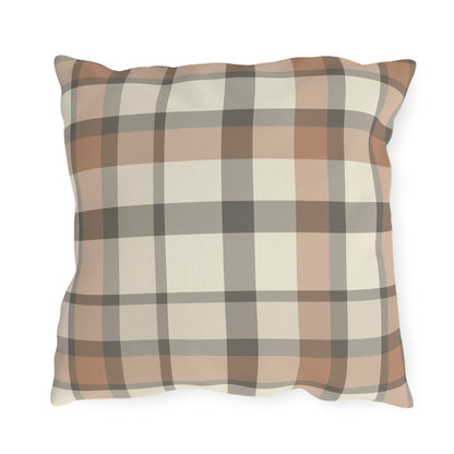 Taupe plaid outdoor pillow — spun polyester, UV and water resistant