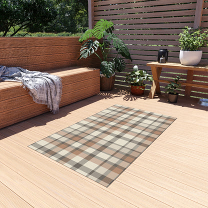 Taupe plaid outdoor rug — soft polyester chenille with a non-slip backing