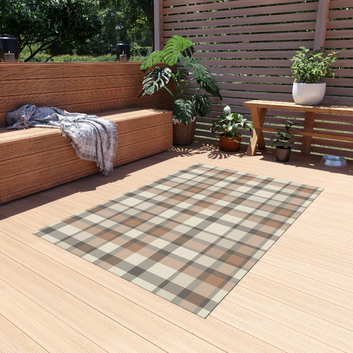 Taupe plaid outdoor rug — soft polyester chenille with a non-slip backing