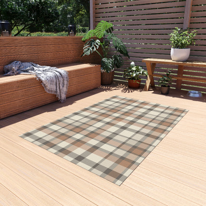 Taupe plaid outdoor rug — soft polyester chenille with a non-slip backing