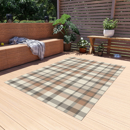 Taupe plaid outdoor rug — soft polyester chenille with a non-slip backing