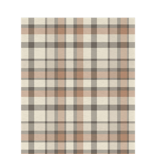 Taupe plaid outdoor rug — soft polyester chenille with a non-slip backing