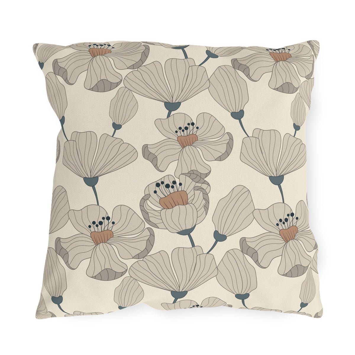 Taupe poppy outdoor pillow — spun polyester, UV and water resistant