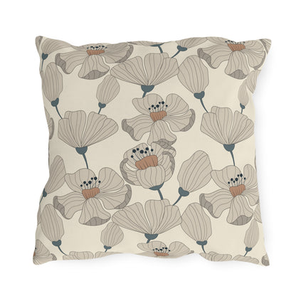 Taupe poppy outdoor pillow — spun polyester, UV and water resistant