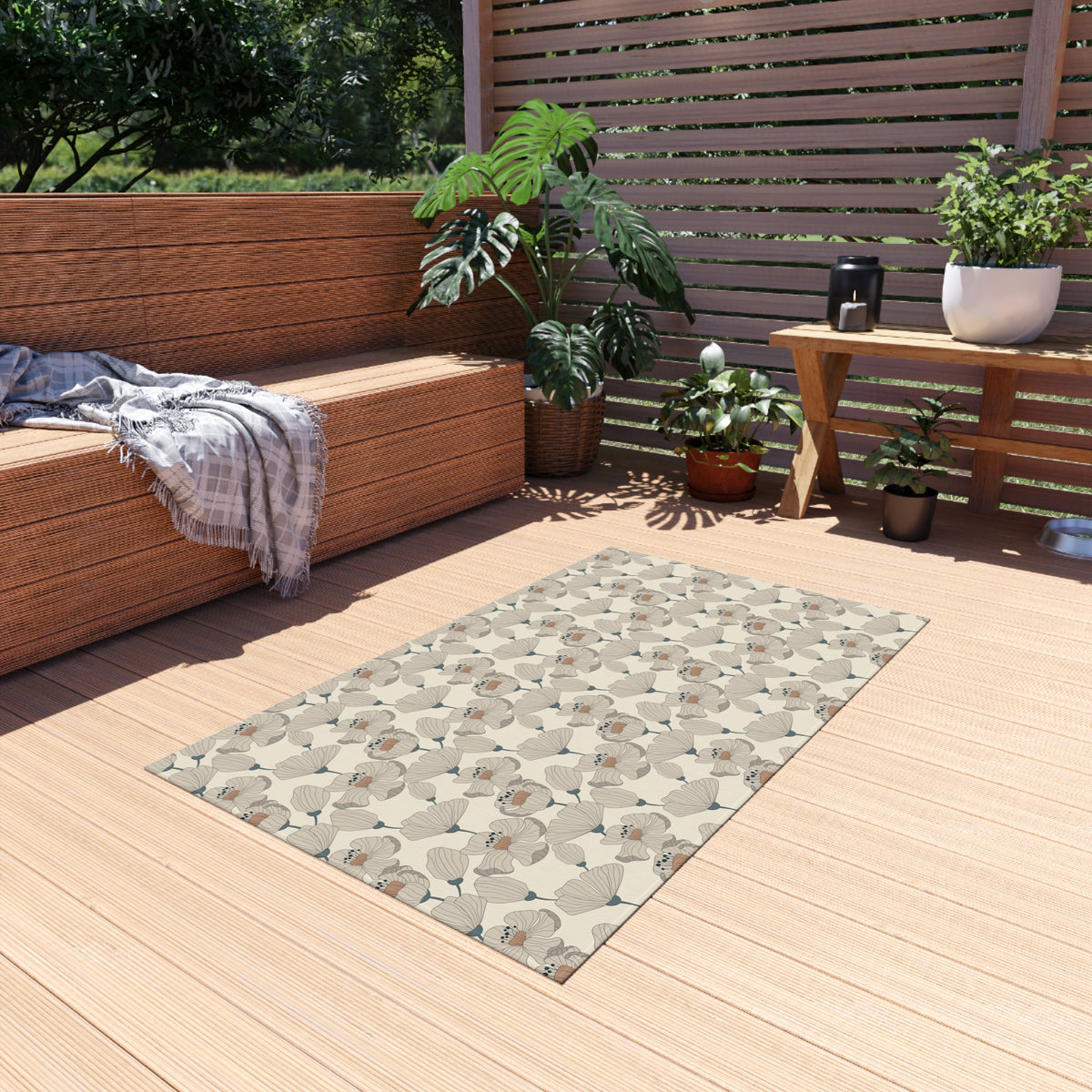 Taupe poppy outdoor rug — soft polyester chenille with a non-slip backing