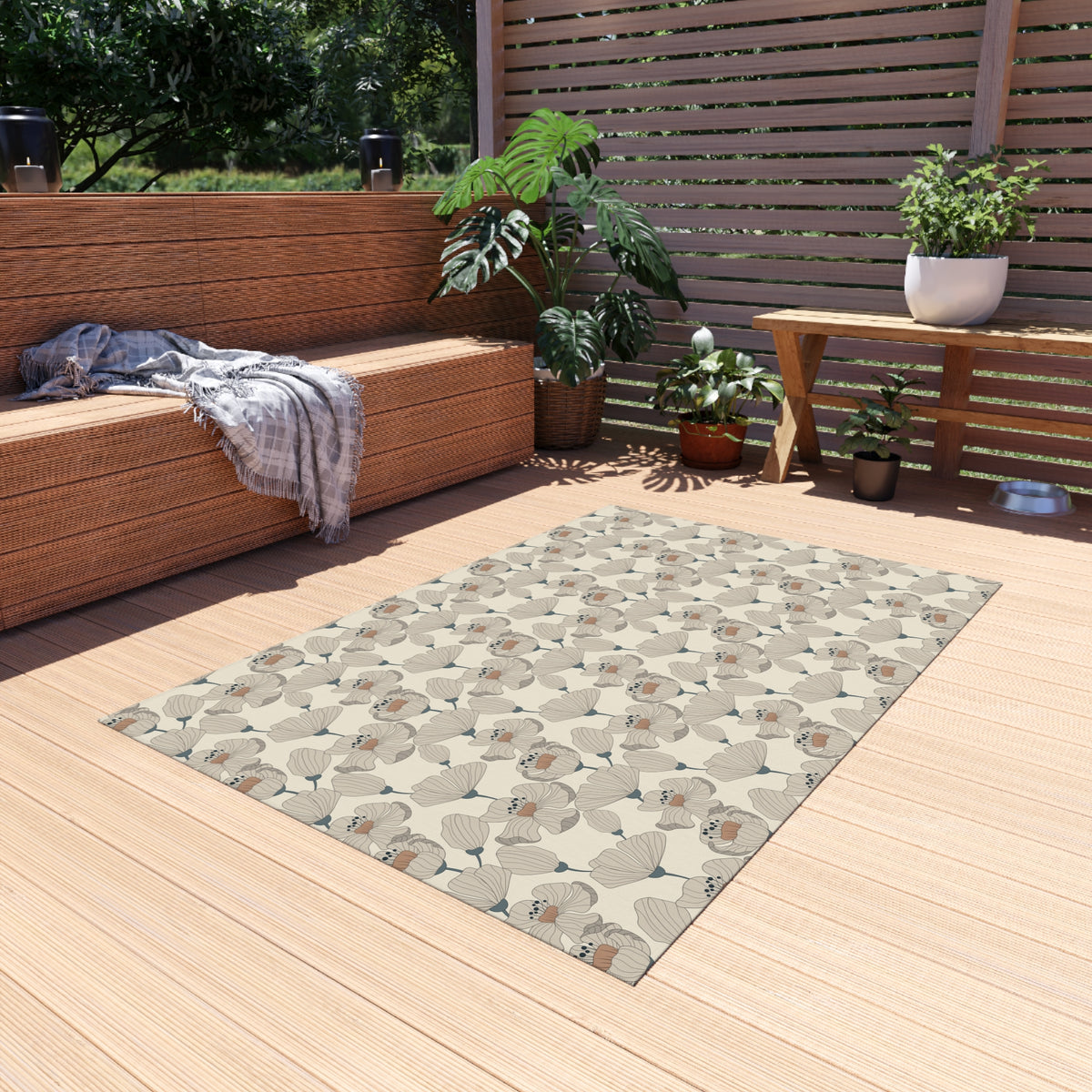 Taupe poppy outdoor rug — soft polyester chenille with a non-slip backing