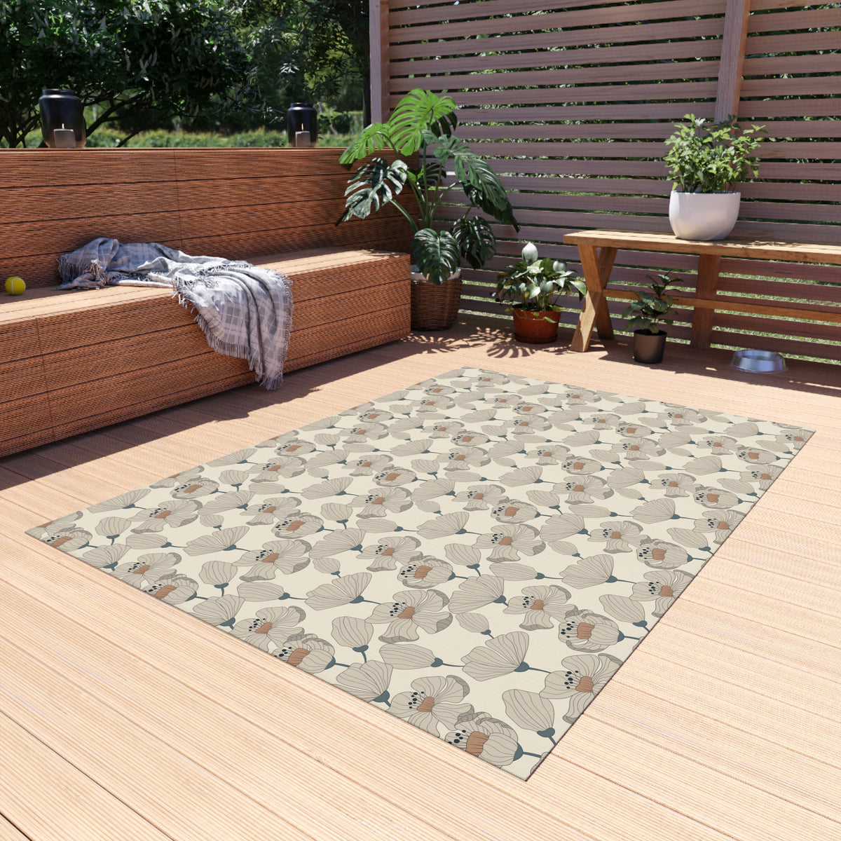 Taupe poppy outdoor rug — soft polyester chenille with a non-slip backing