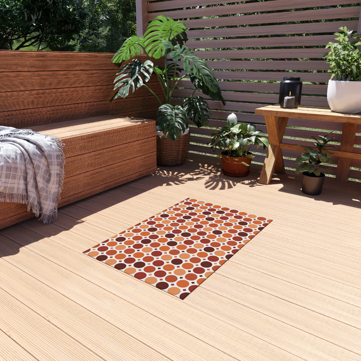 Terracotta dot grid outdoor rug — soft polyester chenille with a non-slip backing